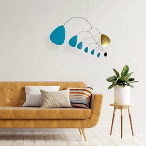 Teal and Brass Mobile: Mid Century Modern Hanging Sculpture