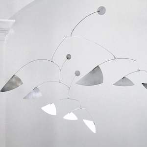 Silver Triangle Mobile: Brushed Steel Finish, Kinetic Art