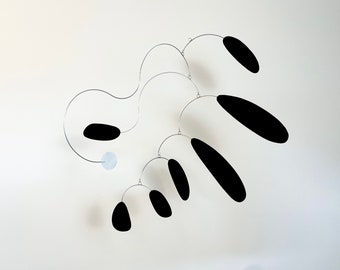 Mid-Century Modern Mobile: Black & White Oval Shapes, Steel Sheet Metal