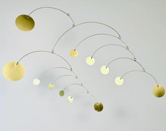 Brass Circles Mobile: Mid Century Modern Hanging Sculpture