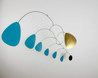 Teal and Brass Mobile: Mid Century Modern Hanging Sculpture