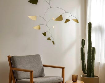 Brass Vertical Triangle Mobile: Mid Century Modern Hanging Art