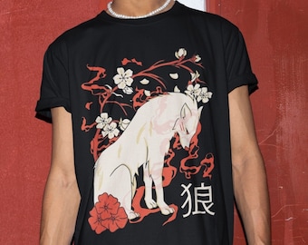 Kitsune Kawaii japansk Anime Wolf, Harajuku-stil Streetwear japansk, estetisk skjorta, traditionell, Sakura