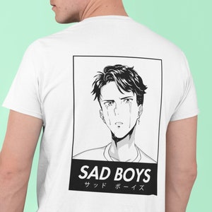 May include: White t-shirt with a black and white illustration of a sad anime boy with the text "SAD BOYS" and "サッド ボーイズ" below the image.