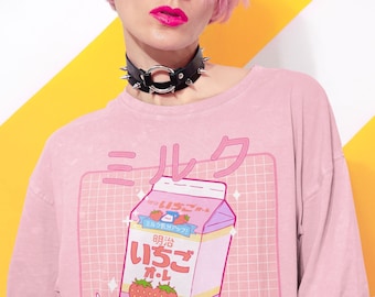 Japans Aardbeienmelk T-shirt, Kawaii Kleding, Harajuku Tee, Esthetisch Shirt, Pastel Kleding, Anime T-shirt, Vaporwave, Japans eten