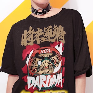 Daruma Tshirt Japanese Grunge Streetwear Yokai Dark Black Gothic Japan Harajuku Lucky Daruma Black T-shirt