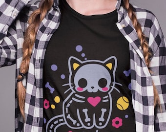 Harajuku Skeleton Cat Pastel Goth Shirt, Pastel Goth Clothing, Harajuku Shirt, Cryptid Shirt, Kawaii Clothes, Kawaii Goth, Creepy Cute Shirt