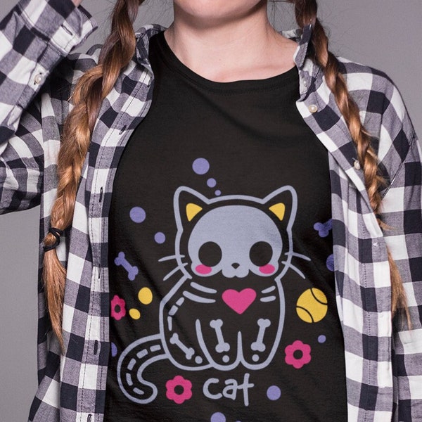 Harajuku Skeleton Cat Pastel Goth Shirt, Pastel Goth Clothing, Harajuku Shirt, Cryptid Shirt, Kawaii Clothes, Kawaii Goth, Creepy Cute Shirt