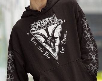 May include: Black hooded sweatshirt with a white graphic print of a goat's head inside a triangle with the text "Live and Die for Them..." on the front. The sleeves have a repeating pattern of pentagrams.