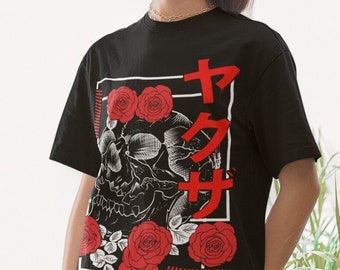 Skull Roses Goth Shirt, Grunge Clothing, Japanese Aesthetic T-shirt, Alternative Gothic Clothes, Japan Streetwear, Tumblr Clothes, E-girl