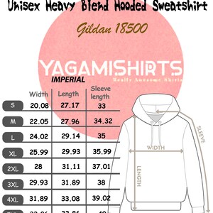 Puede incluir: Tabla de tallas para una sudadera con capucha unisex, que muestra las medidas de ancho, largo y largo de la manga en pulgadas para las tallas S a 5XL. La tabla est&aacute; etiquetada como "Sudadera con capucha unisex de mezcla pesada" y "Gildan 18500".