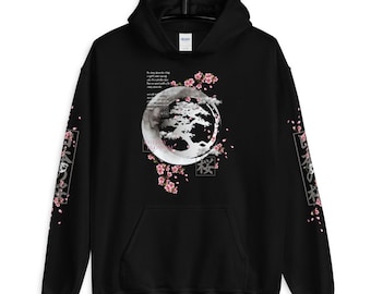 Japanese Blossom Hoodie, Cherry Blossom Moon Crescent Hoodie, Aesthetic Hoodie, Aesthetic Clothing, Kawaii, Flowers Anime Unisex Hoodie