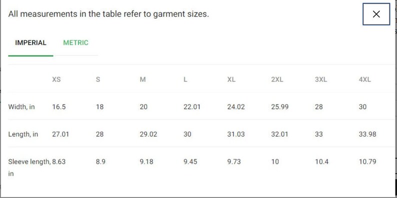 Może przedstawiać: Tabela przedstawiająca wymiary odzieży w calach dla rozmiar&oacute;w od XS do 4XL. Tabela zawiera szerokość, długość i długość rękawa.