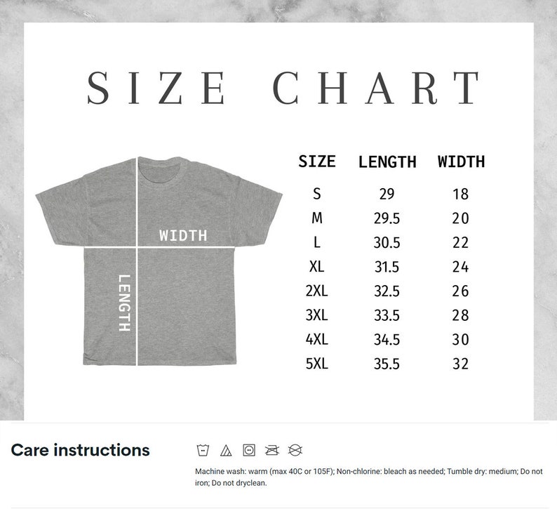 Peut inclure: Tableau des tailles pour un t-shirt avec des mesures en pouces. Le tableau indique la longueur et la largeur du t-shirt dans diff&eacute;rentes tailles, de S &agrave; 5XL. Des instructions d'entretien sont &eacute;galement incluses&nbsp;: lavage en machine &agrave; l'eau ti&egrave;de, blanchiment sans chlore si n&eacute;cessaire, s&eacute;chage en machine &agrave; basse temp&eacute;rature, ne pas repasser, ne pas nettoyer &agrave; sec.