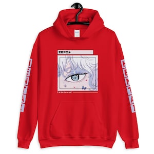 Puede incluir: Sudadera con capucha roja con un gr&aacute;fico blanco de un ojo de anime con mariposas y corazones. El texto "I do this for my self" est&aacute; debajo del gr&aacute;fico. El texto "エゴニズム" est&aacute; encima del gr&aacute;fico. Las mangas tienen la palabra "HENTAI" impresa verticalmente en blanco.