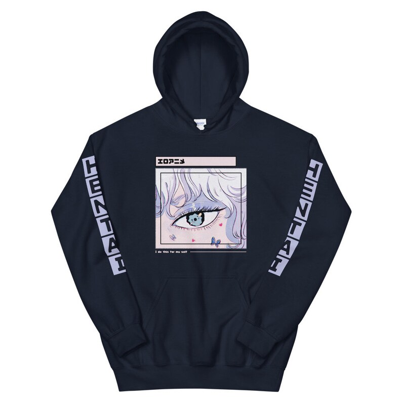 Puede incluir: Una sudadera con capucha azul marino con un gr&aacute;fico de un ojo de anime con mariposas y corazones. El texto "エローニン" y "I do this for my self" est&aacute;n impresos en la sudadera. Las palabras "HENTAI" est&aacute;n impresas en las mangas.
