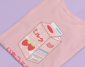 Japanse Aardbei Melk T-shirt, Kawaii Kleding, Harajuku Tee, Esthetisch Shirt, Pastel Kleding, Anime T-shirt, Vaporwave, Japans Eten