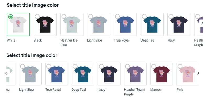 May include: A selection of t-shirt colors, including white, black, heather ice blue, light blue, true royal, deep teal, navy, heath purple, light blue, true royal, deep teal, navy, heather team purple, maroon, and pink.