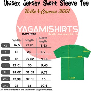 May include: Size chart for a unisex short sleeve t-shirt made by Bella + Canvas 3001. The chart shows measurements in inches for width, length, and sleeve length for sizes XS to 3XL.
