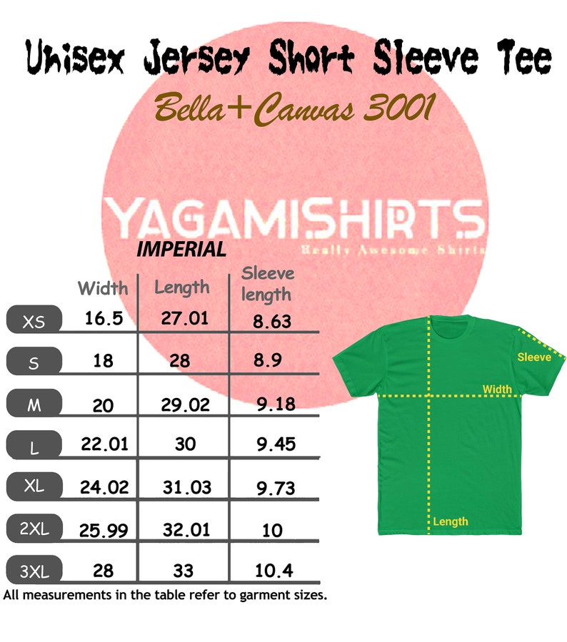 May include: Size chart for a unisex short sleeve t-shirt made by Bella + Canvas 3001. The chart shows measurements in inches for width, length, and sleeve length for sizes XS to 3XL.
