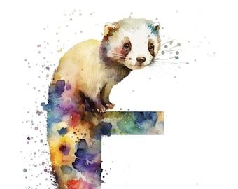 Custom Children's Alphabet Letter F with a Ferret Art Print - Animal Typography for Baby Nursery Watercolor Gift Wall Art