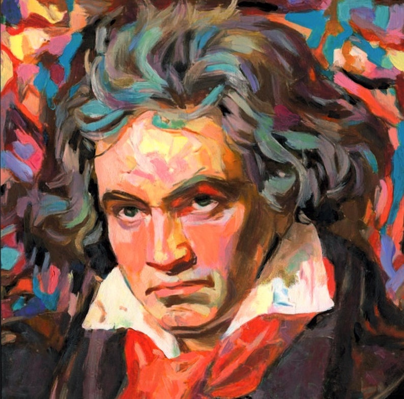 K&ouml;nnte beinhalten: &Ouml;lgem&auml;lde-Portr&auml;t von Ludwig van Beethoven. Das Kunstwerk zeigt eine Nahaufnahme des Gesichts des Komponisten mit einem strengen Ausdruck. Das Gem&auml;lde verwendet eine lebendige Farbpalette aus Rot, Orange, Blau und Gr&uuml;n, wodurch ein texturierter Effekt entsteht.