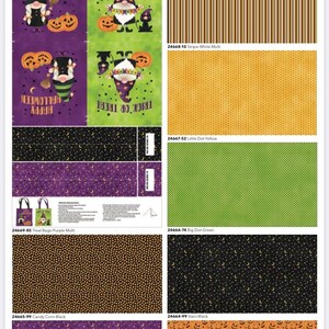 Pode incluir: Uma cole&ccedil;&atilde;o de 10 estampas de tecido diferentes com gnomos, ab&oacute;boras, estrelas e milho doce. Os tecidos s&atilde;o de v&aacute;rias cores, incluindo roxo, laranja, verde, preto e branco. As estampas de tecido s&atilde;o etiquetadas com seus n&uacute;meros de produto correspondentes.