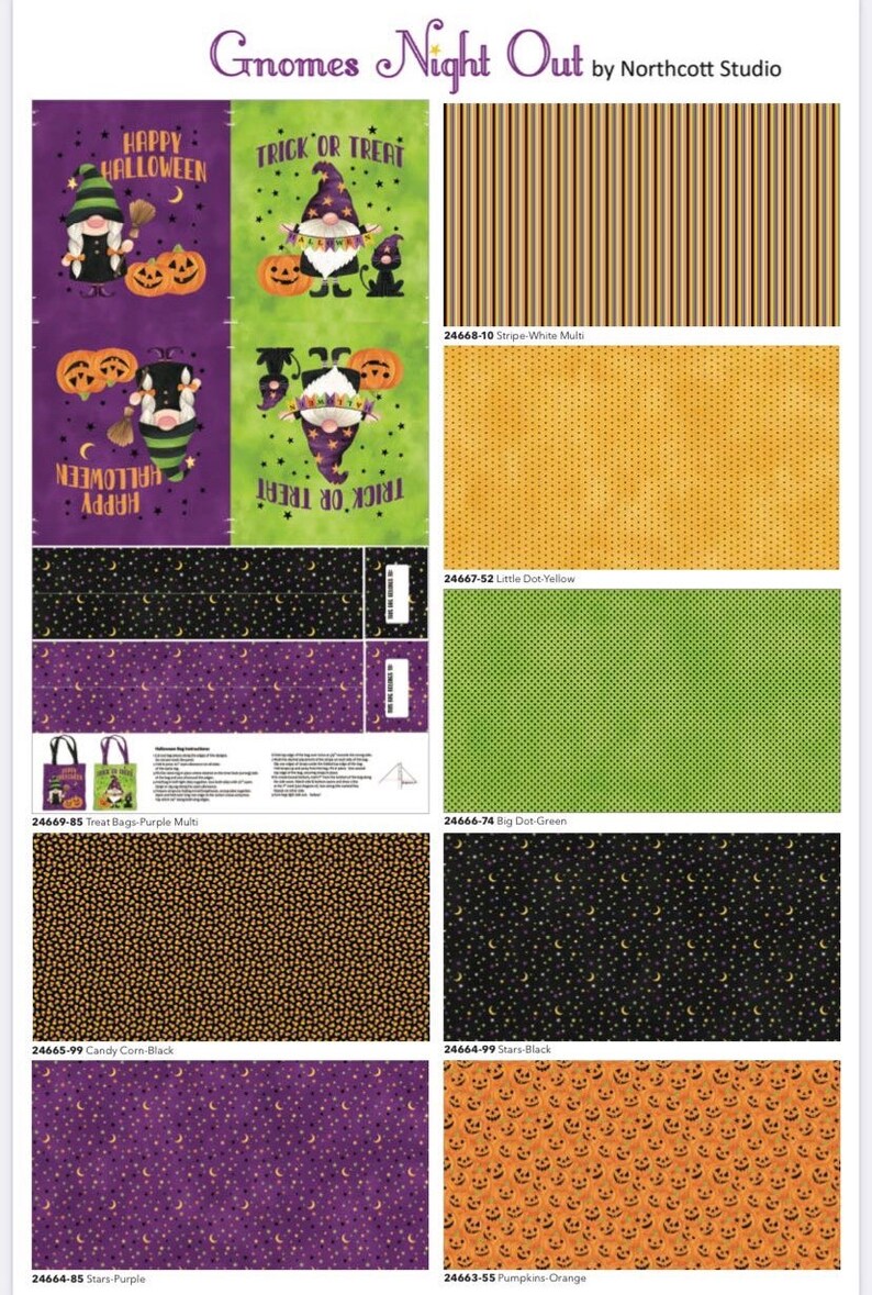 Pode incluir: Uma cole&ccedil;&atilde;o de 10 estampas de tecido diferentes com gnomos, ab&oacute;boras, estrelas e milho doce. Os tecidos s&atilde;o de v&aacute;rias cores, incluindo roxo, laranja, verde, preto e branco. As estampas de tecido s&atilde;o etiquetadas com seus n&uacute;meros de produto correspondentes.