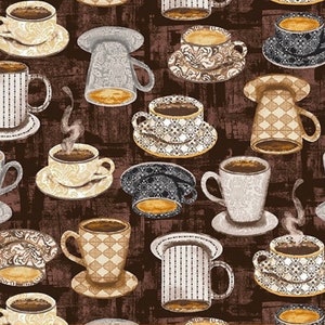 May include: A seamless pattern featuring various styles of coffee cups and mugs with different patterns and designs. The cups are filled with coffee and have steam rising from them. The background is a dark brown color.