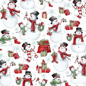 May include: A repeating pattern featuring white snowmen wearing black top hats and colorful scarves, accented with red gift boxes, green presents, red stockings, holly wreaths, red cardinals, and light blue snowflakes on a white background.