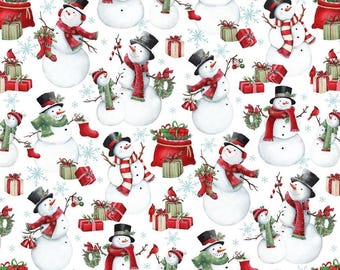 Holly Jolly-Snowmen-White Multi-Presents-Stockings-Snowman-Cardinal-Christmas-Northcott Fabrics-Emma Leach-100 % Cotton-28813-10