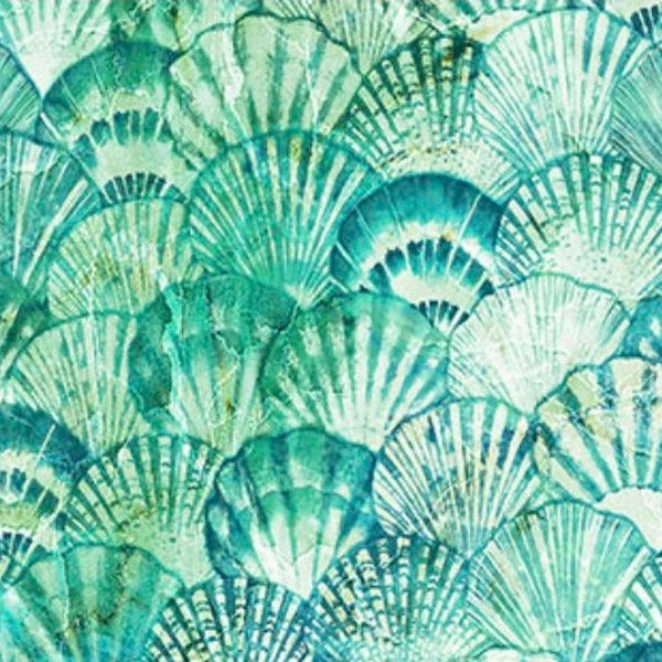 Shells-Turquoise-Vitamin Sea Collection-Clam Shell-Northcott-Deborah Edwards-Melanie Samra-100% Cotton Fabric-DP25419-64-Cut to Size