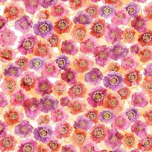 May include: A watercolor painting of a floral pattern with pink, red, and orange flowers on a white background.