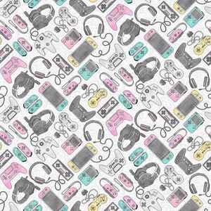 May include: A seamless pattern featuring a variety of gaming controllers, headsets, and handheld gaming devices in pastel colors on a white background.
