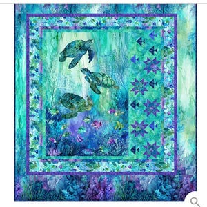 May include: A vibrant quilt featuring an underwater scene with sea turtles, fish, and coral. The quilt showcases shades of teal, blue, and purple. The design includes a central panel with turtles, surrounded by a border with geometric shapes and marine life.