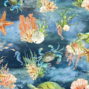 May include: Watercolor illustration of an underwater scene with starfish, crabs, seahorses, and sea turtles. The design features coral, seaweed, and sand dollars in shades of orange, green, and blue. The background is a deep blue.
