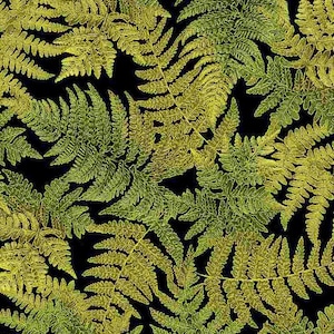 May include: A seamless pattern of green and yellow fern leaves on a black background. The leaves are drawn in a detailed, realistic style.