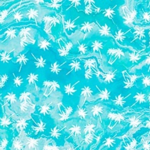 May include: A seamless pattern of white palm trees on a turquoise blue background. The palm trees are stylized and have a watercolor effect.