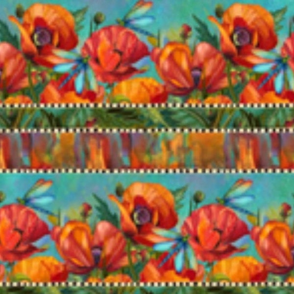 Border Stripe-Poppies and Dragonflies-Charisma Collection-Northcott Fabrics-Nancy Dunlop Cawdrey-100% Quilting Cotton-DP25561-68-Cut to size