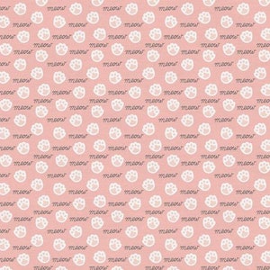 May include: A pink background with a repeating pattern of white paw prints and the word "meow" written in a cursive font.