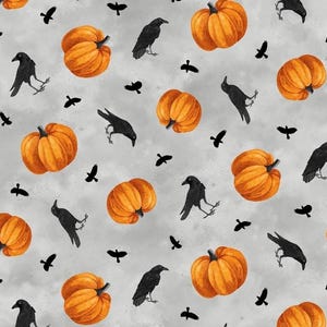 May include: A repeating pattern of orange pumpkins, black crows, and small black bird silhouettes on a light gray background. The pumpkins are detailed with shading, and the crows are in various poses.
