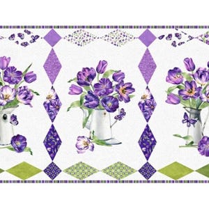 May include: A rectangular fabric panel featuring a white background with three repeating illustrations of purple tulips in white pitchers. The design is framed by a border of purple and green diamond-shaped patches and small butterfly motifs.