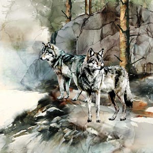 May include: Watercolor painting of two wolves standing on a rocky surface, with a forest backdrop. The wolves have gray and black fur, and the trees have green foliage and brown trunks. The artwork has a soft, ethereal quality.