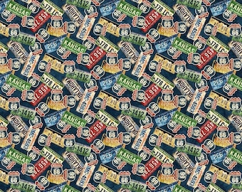 Historic Route 66-License Plates-Navy Multi-Northcott Fabrics-American Cars-100 Percent Cotton-Quilting Cotton-DP29244-48-Cut to Size