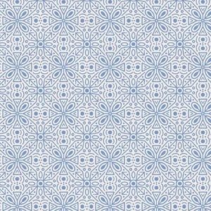 May include: A seamless pattern with a repeating geometric design. The pattern features a light blue color on a white background. The design is made up of circles, triangles, and curved lines.