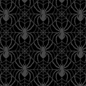 May include: A black and gray seamless pattern featuring a repeating design of spiders and spiderwebs.
