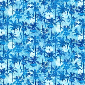 May include: A seamless pattern featuring blue palm trees against a light blue background. The palm trees are silhouetted and have a watercolor effect.