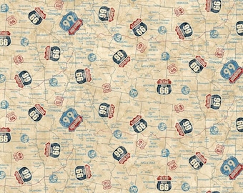 Historic Route 66-Route Signs-Cream Multi-Northcott Fabrics-American Cars-100 Percent Cotton-Quilting Cotton-DP29245-11-Cut to Size