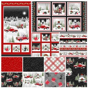 May include: A collection of 12 fabric squares featuring a winter holiday theme with red trucks, snow-covered trees, and a snowy landscape. The fabric squares are in various patterns, including plaid, polka dots, and a repeating pattern of red trucks.
