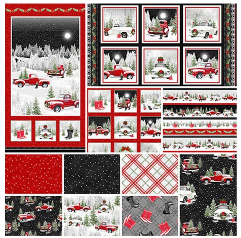 May include: A collection of 12 fabric squares featuring a winter holiday theme with red trucks, snow-covered trees, and a snowy landscape. The fabric squares are in various patterns, including plaid, polka dots, and a repeating pattern of red trucks.